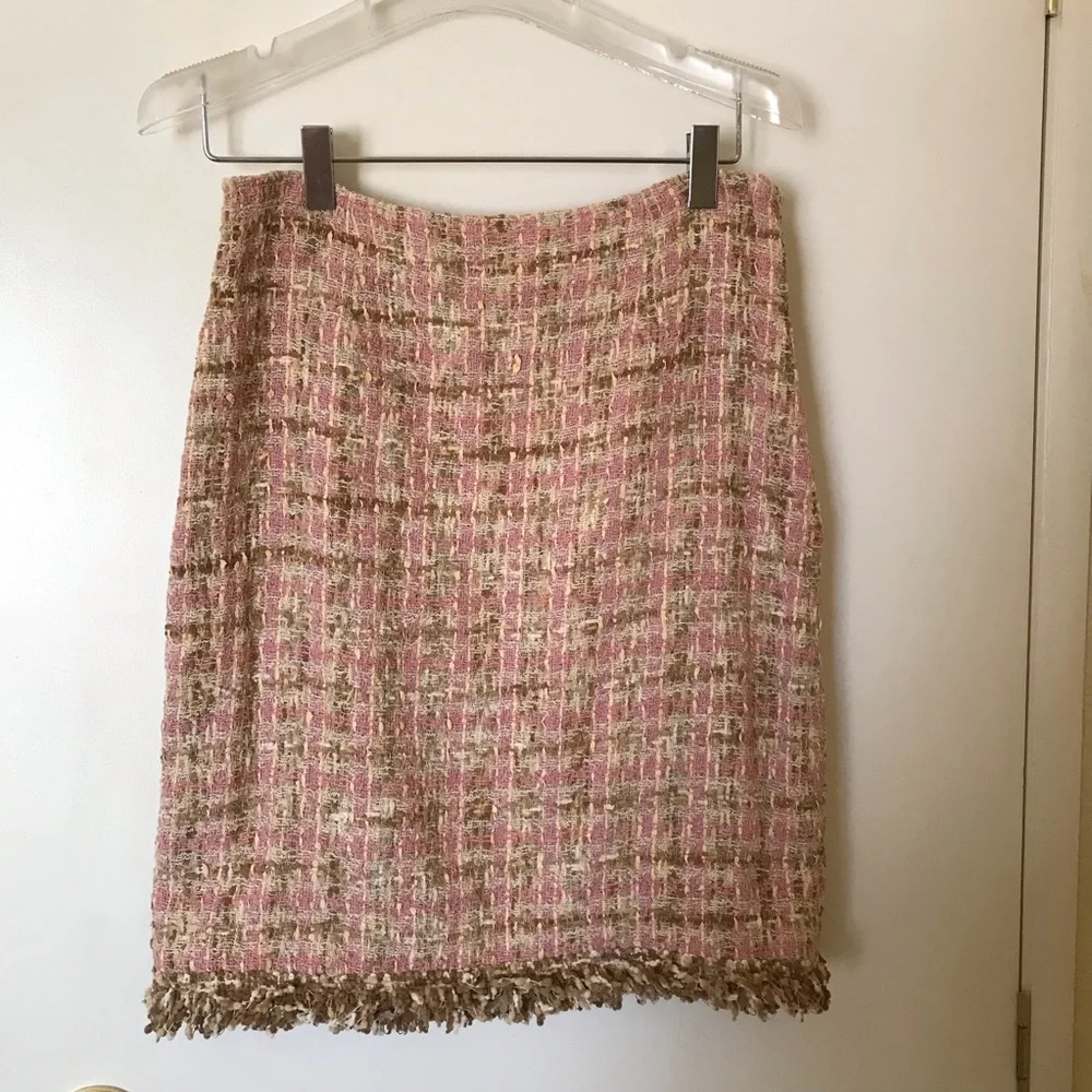 JON Designer Vtg Tweed Skirt Suit Pink Tan Bouclé Fringe Jacket 8 Nostalgic Rare - Picture 6 of 16